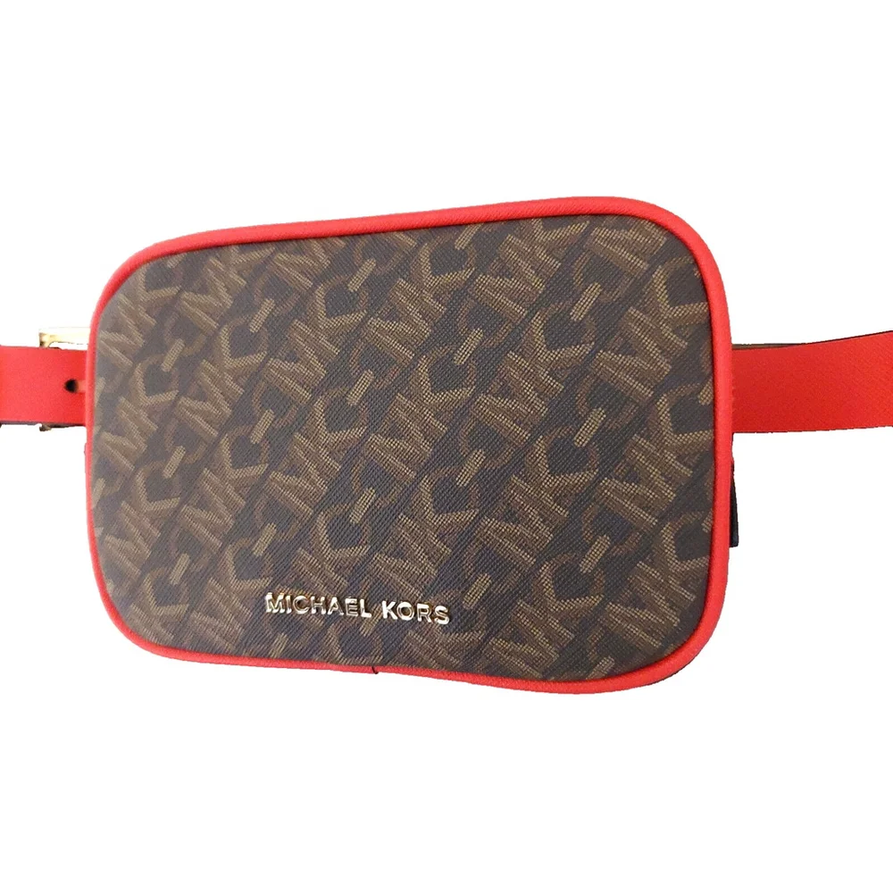 Michael Kors MK Monogram Logo Leather Belt Bag Brown Tan Red Belt Size L/XL NWT - Picture 2 of 5